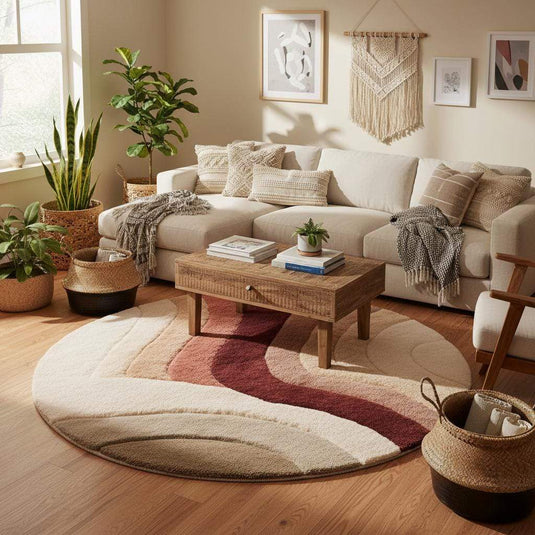 Translation missing: es.Hand tufted round tufted wool rug with plush soft pile in sunset earth tones for living room decor
