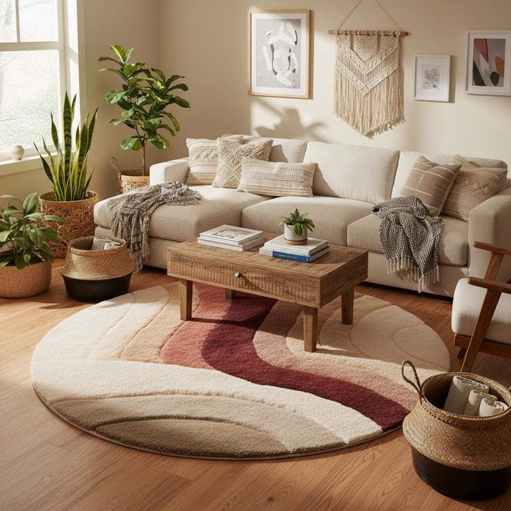 Translation missing: en.Hand tufted round tufted wool rug with plush soft pile in sunset earth tones for living room decor