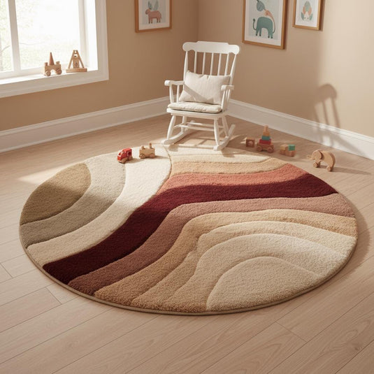 Translation missing: es.Hand tufted round tufted rug in warm sunset earth tones with plush wool pile and textured circular boho pattern