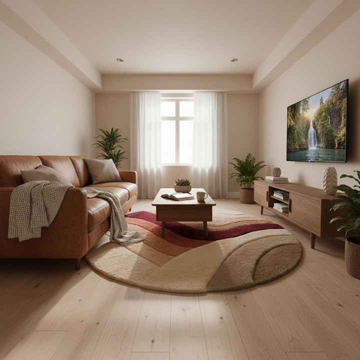 Translation missing: en.Hand-tufted round tufted rug in sunset earth tones with plush wool pile and textured circular pattern