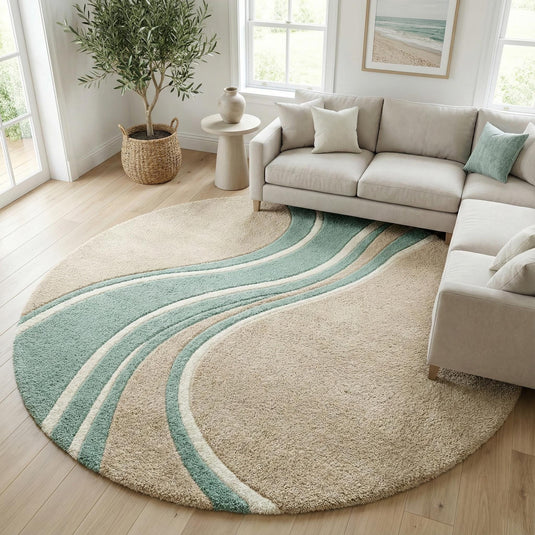 Translation missing: es.Round wavy rug with teal beige abstract wave pattern and mid century modern design