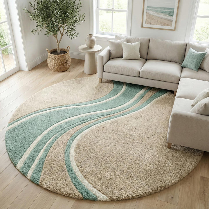 Translation missing: es.Round wavy rug with teal beige abstract wave pattern and mid century modern design