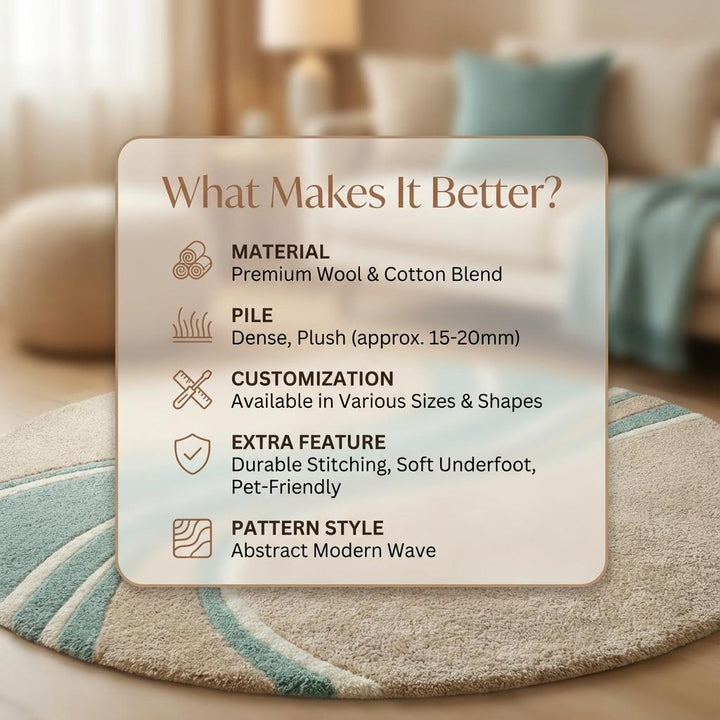 Translation missing: en.Round wavy rug with teal beige abstract wave pattern and mid century modern design