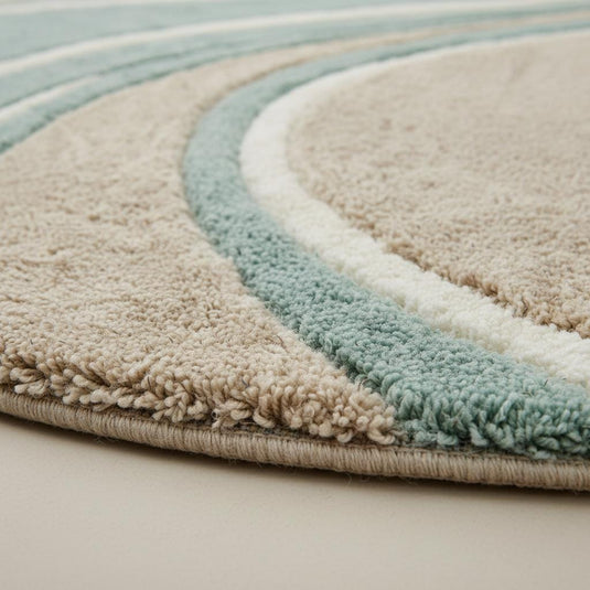Translation missing: es.Round wavy rug in teal beige with modern mid century wave pattern and plush texture