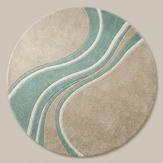Translation missing: es.Round wavy rug with teal beige mid century wave pattern, soft plush fibers, and curved edges for modern living room decor