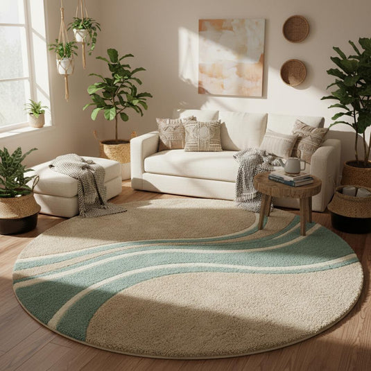 Translation missing: es.Round wavy rug with teal beige wave pattern and plush hand tufted fibers