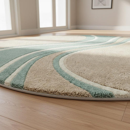 Translation missing: es.Round wavy rug with teal beige wave pattern and plush hand tufted fibers for modern mid century decor