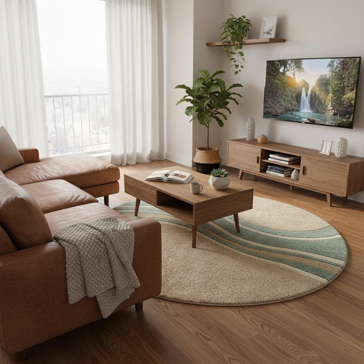 Translation missing: en.Round wavy rug with teal beige abstract wave pattern and mid century modern design