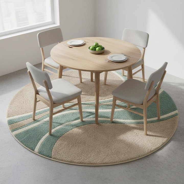 Translation missing: en.Modern round wavy rug with teal beige wave pattern and plush hand tufted fibers