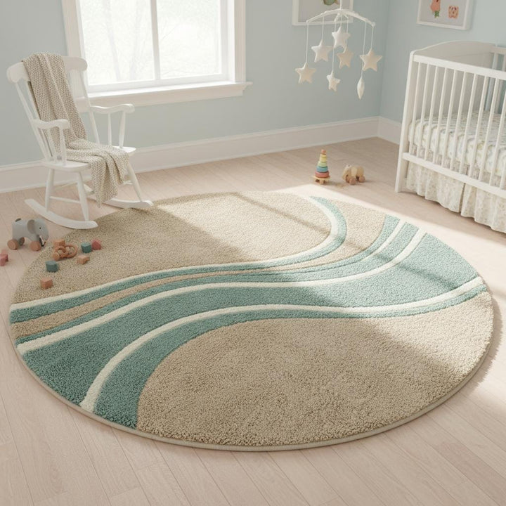 Translation missing: en.Round wavy rug with teal beige abstract wave pattern and mid century modern design