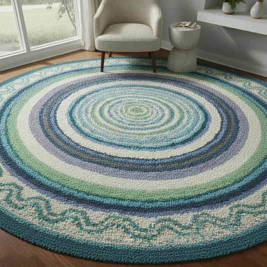 Translation missing: es.Round Coastal Outdoor Rug Blue &amp; Green Circular Patio Carpet for Deck, Balcony Size-6x6 Feet Custmizable