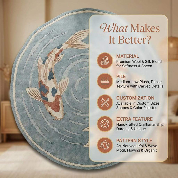 Translation missing: es.Round Koi Fish Area Rug Handmade Wool Japanese Zen Modern Home Decor
