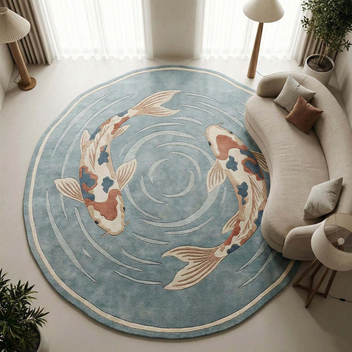 Translation missing: es.Round koi fish area rug with handmade wool, Japanese Zen design, featuring two koi on blue background for modern home decor