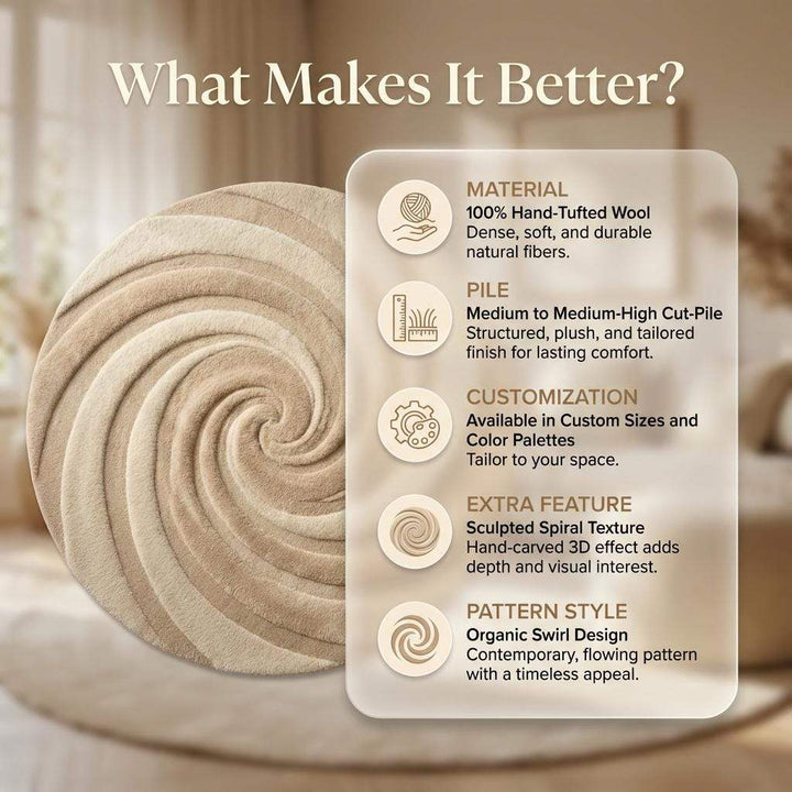 Translation missing: es.Round Tufted Wool Swirl Rug, Neutral Modern Minimalist Living Room Decor Gift