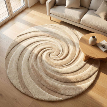 Translation missing: es.Round tufted wool swirl rug in neutral beige with 3D spiral pattern for modern minimalist living room decor