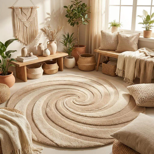 Translation missing: es.Hand tufted round wool rug with spiral swirl pattern, beige neutral aesthetic home decor, modern sculpted high low pile rug for living room and bedroom
