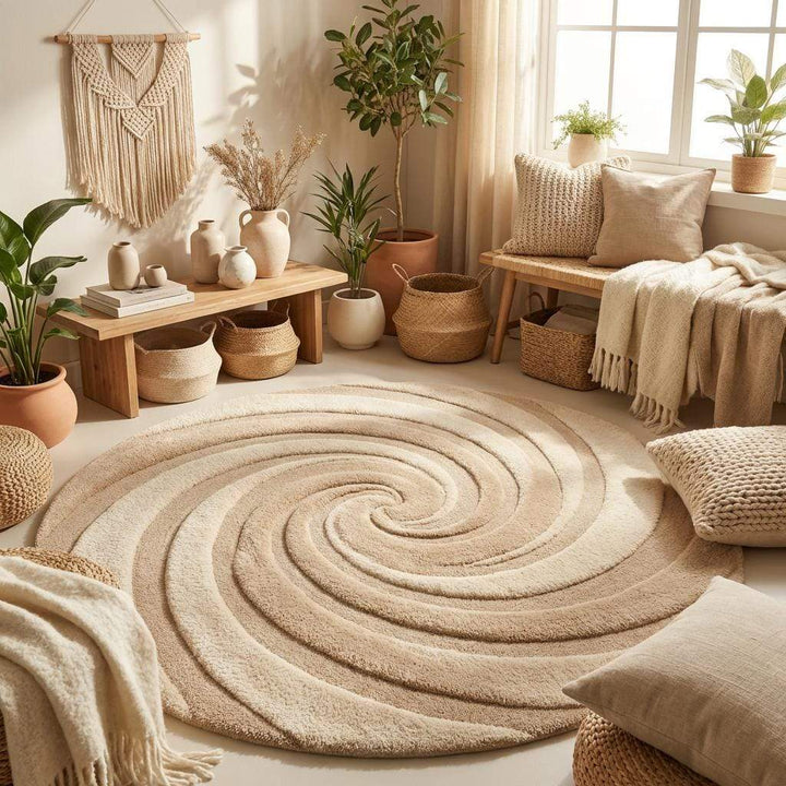 Translation missing: es.Hand tufted round wool rug with spiral swirl pattern, beige neutral aesthetic home decor, modern sculpted high low pile rug for living room and bedroom