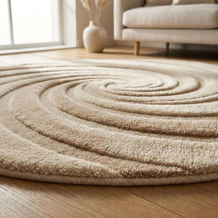 Translation missing: es.Modern round neutral tufted rug, textured swirl carved design, soft plush wool area rug for Scandinavian Japandi interior, warm cozy home refresh decor