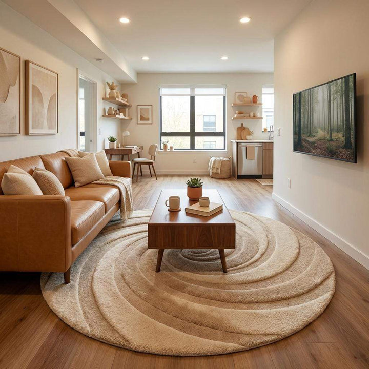 Translation missing: es.Round beige cream wool rug with abstract swirl pattern, minimalist statement decor rug for living room, luxury tufted rug perfect for coffee table space