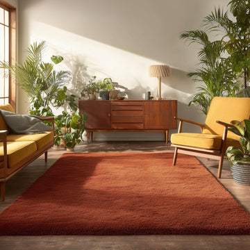 Translation missing: es.Rust shag rug in living room with vintage style and plush high pile carpet