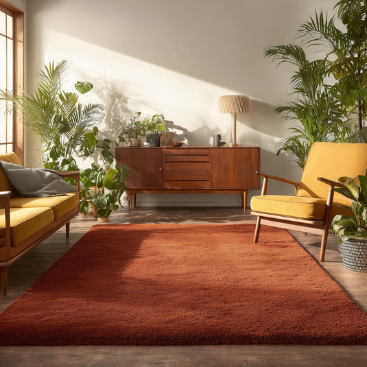 Translation missing: es.Rust shag rug in living room with vintage style and plush high pile carpet