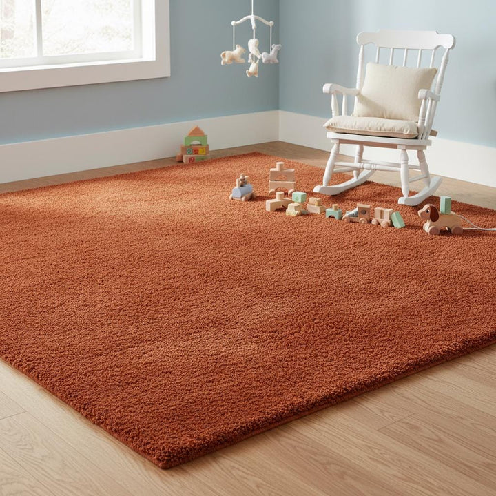Translation missing: es.Rust shag rug in cozy living room with vintage high pile and retro orange tones