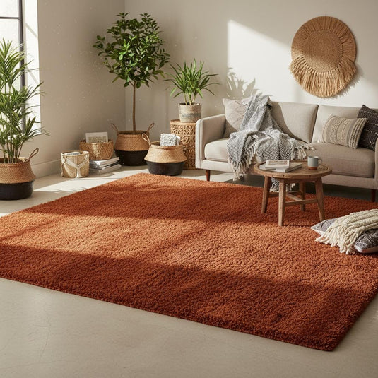 Translation missing: es.Rust shag rug in cozy living room with high pile and vintage style