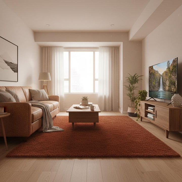 Translation missing: es.Rust shag rug in cozy living room with high pile, vintage style, and durable non-shedding fibers