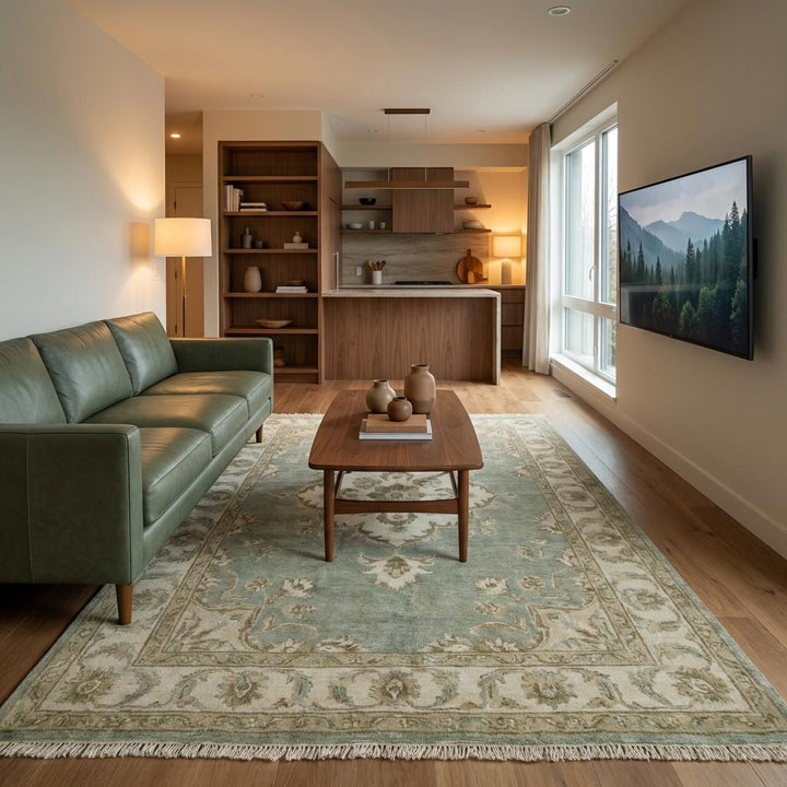 Translation missing: en.Sage Green Oushak Hand Knotted Floral Medallion Wool Rug