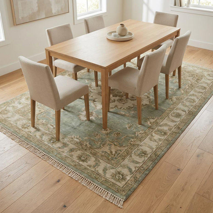 Translation missing: en.Sage Green Oushak Hand Knotted Floral Medallion Wool Rug