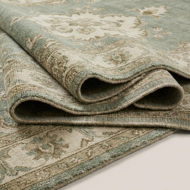 Translation missing: en.Sage Green Oushak Hand Knotted Floral Medallion Wool Rug