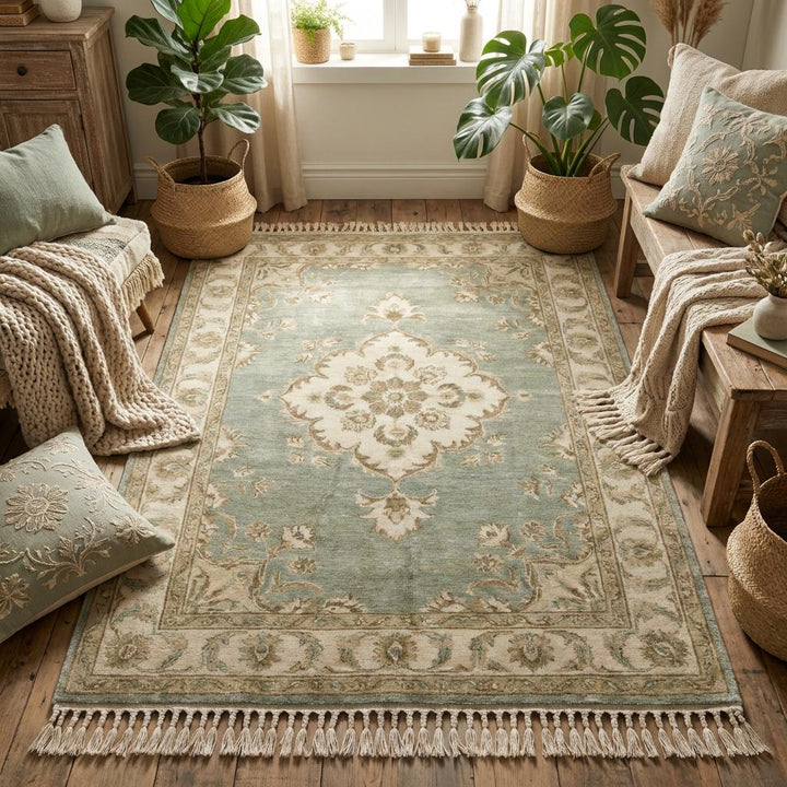 Translation missing: en.Rectangular handmade wool area rug with muted green and ivory floral pattern styled with neutral furniture