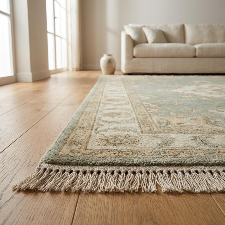 Translation missing: en.Artisan hand knotted wool rug featuring classic Turkish inspired medallion design in soft earthy colors