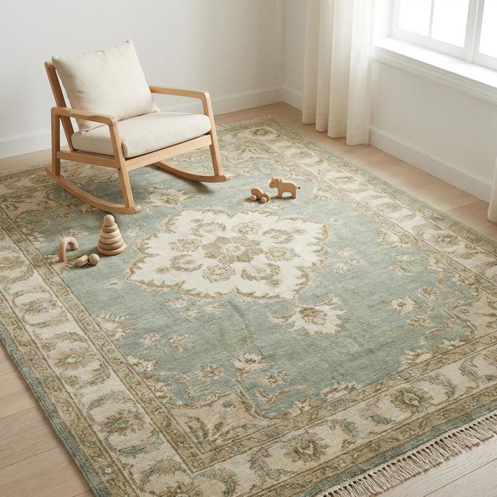 Translation missing: en.Sage Green Oushak Hand Knotted Floral Medallion Wool Rug