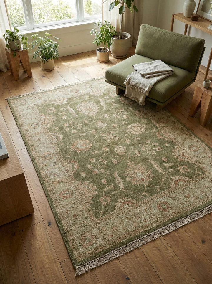 Translation missing: es.Sage green Oushak hand-knotted wool rug with vintage floral design and artisan fringe edges