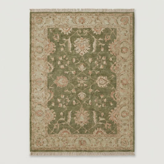 Translation missing: es.Traditional floral Oushak pattern with muted green field and beige decorative border