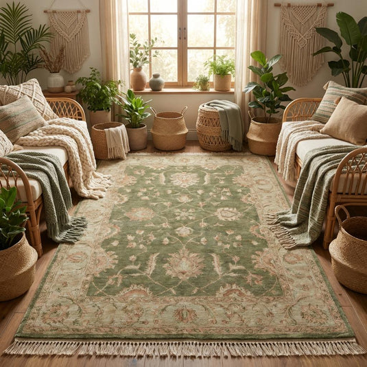 Translation missing: es.Vintage style green wool rug styled beside wooden chair and natural indoor plants
