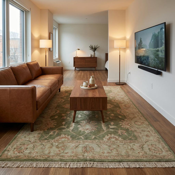 Translation missing: es.Soft neutral hand knotted area rug enhancing warm wood flooring in calm interior space