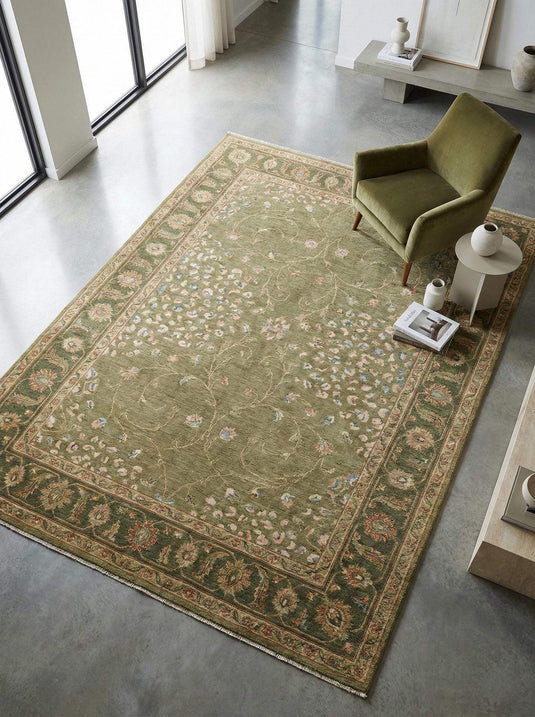 Translation missing: es.Sage Green Oushak hand knotted wool area rug with floral design for living room decor