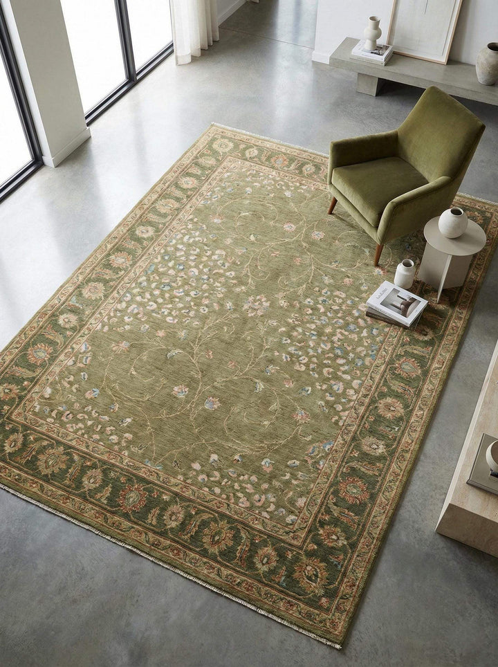 Translation missing: es.Sage Green Oushak hand knotted wool area rug with floral design for living room decor