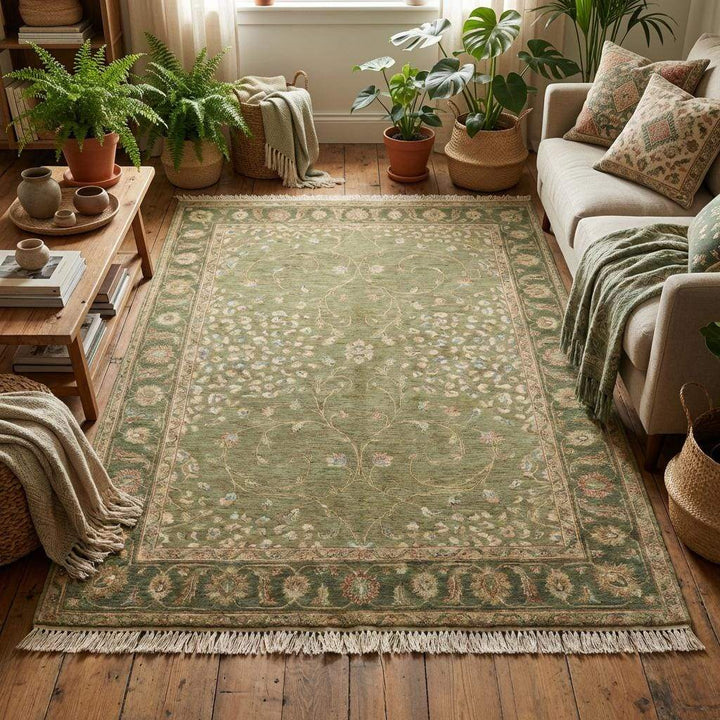 Translation missing: es.Handmade wool area rug styled in minimalist interior with neutral furniture and soft lighting