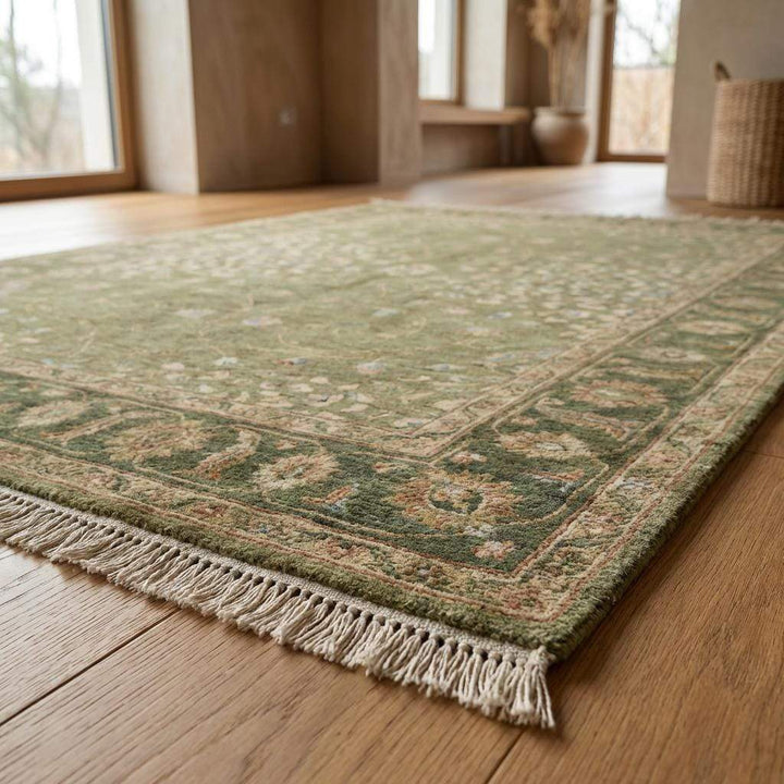Translation missing: es.Floral hand knotted wool rug with Turkish inspired design and calming green palette