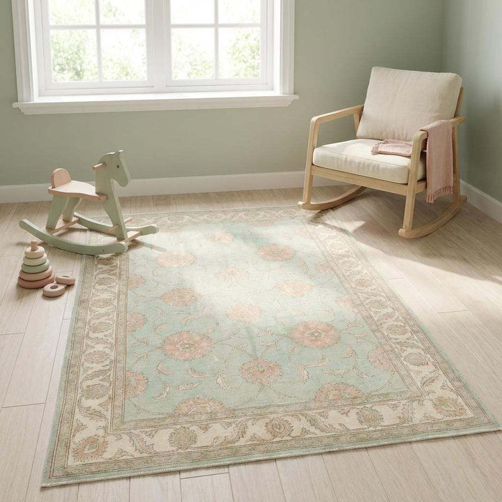 Translation missing: en.Sage Green Oushak knotted Floral Wool Area Rug, Soft Turkish Handmade Style