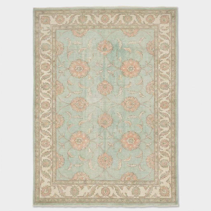 Translation missing: en.Sage Green Oushak knotted Floral Wool Area Rug, Soft Turkish Handmade Style