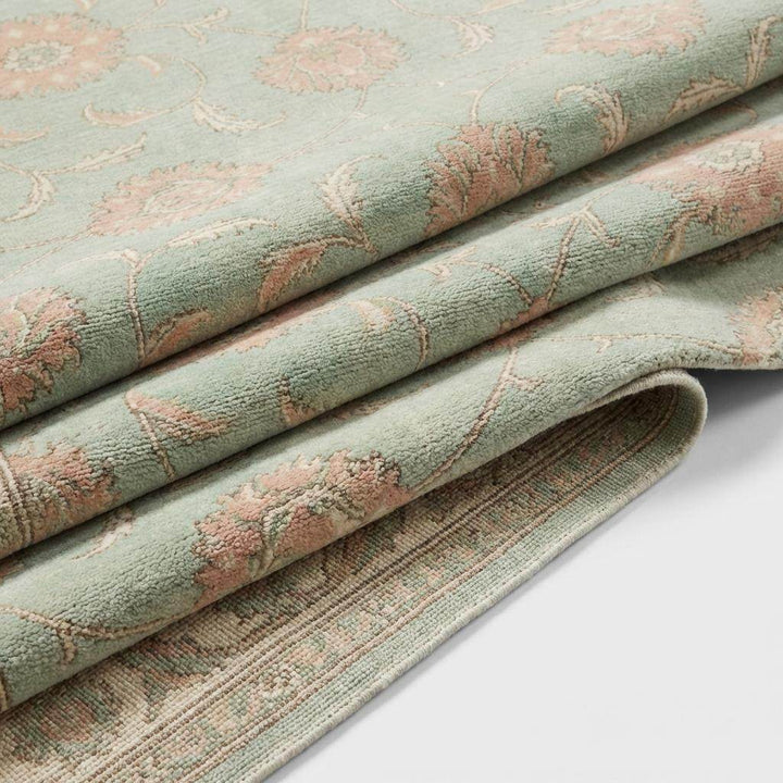 Translation missing: en.Sage Green Oushak knotted Floral Wool Area Rug, Soft Turkish Handmade Style