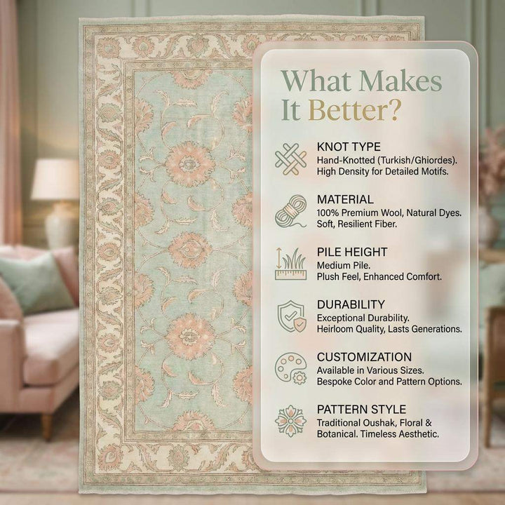 Translation missing: en.Sage Green Oushak knotted Floral Wool Area Rug, Soft Turkish Handmade Style