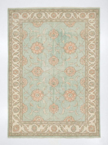 Translation missing: es.Hand knotted sage green Oushak wool rug with floral Turkish design