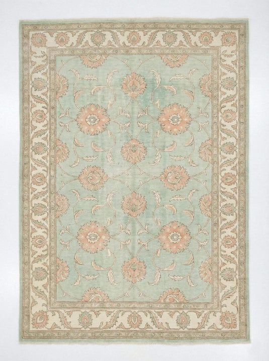Translation missing: en.Hand knotted sage green Oushak wool rug with floral Turkish design