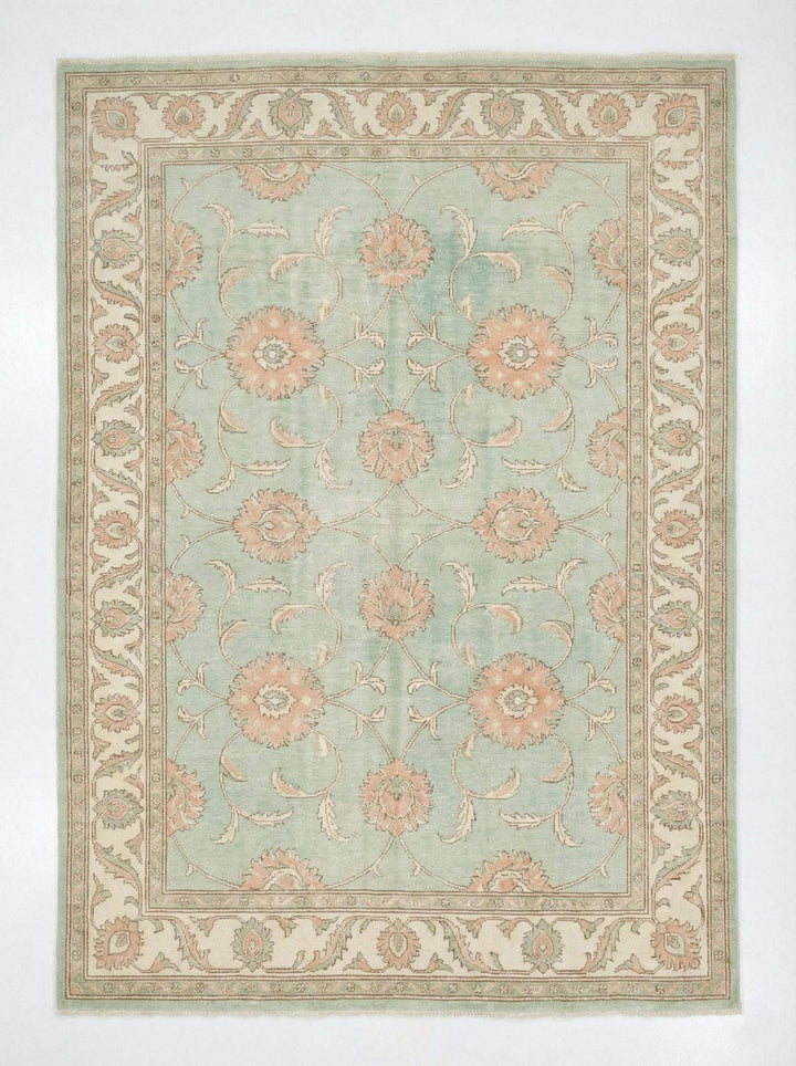 Translation missing: en.Hand knotted sage green Oushak wool rug with floral Turkish design