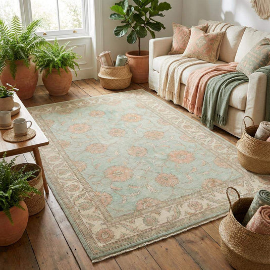Translation missing: en.Traditional Turkish-style Oushak rug featuring an all-over floral vine design and classic bordered frame in pastel colors